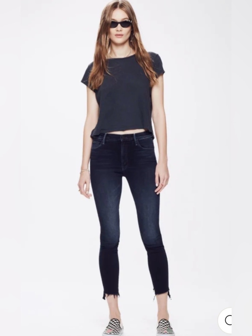 MOTHER Denim Stunner Zip Two Step Fray Navy Holding Hands Blue Raw Hem Jeans 24